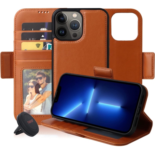 navor Universal Car Mount & Detachable Magnetic Wallet Case Compatible with iPhone 13 Pro Max [6.7 inch] [Folio], RFID Protection Kickstand -Brown