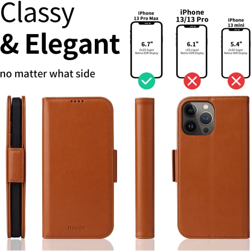 navor Universal Car Mount & Detachable Magnetic Wallet Case Compatible with iPhone 13 Pro Max [6.7 inch] [Folio], RFID Protection Kickstand -Brown