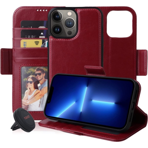 navor Universal Car Mount & Detachable Magnetic Wallet Case Compatible with iPhone 13 Pro Max [6.7 inch] [Folio], RFID Protection Kickstand -Maroon