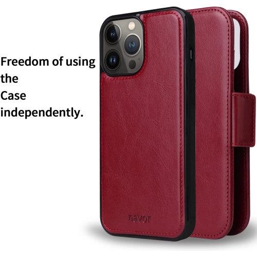 navor Universal Car Mount & Detachable Magnetic Wallet Case Compatible with iPhone 13 Pro Max [6.7 inch] [Folio], RFID Protection Kickstand -Maroon