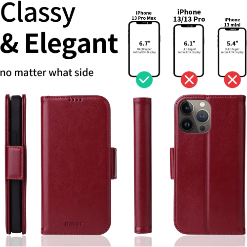 navor Universal Car Mount & Detachable Magnetic Wallet Case Compatible with iPhone 13 Pro Max [6.7 inch] [Folio], RFID Protection Kickstand -Maroon