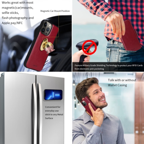 navor Universal Car Mount & Detachable Magnetic Wallet Case Compatible with iPhone 13 Pro Max [6.7 inch] [Folio], RFID Protection Kickstand -Maroon