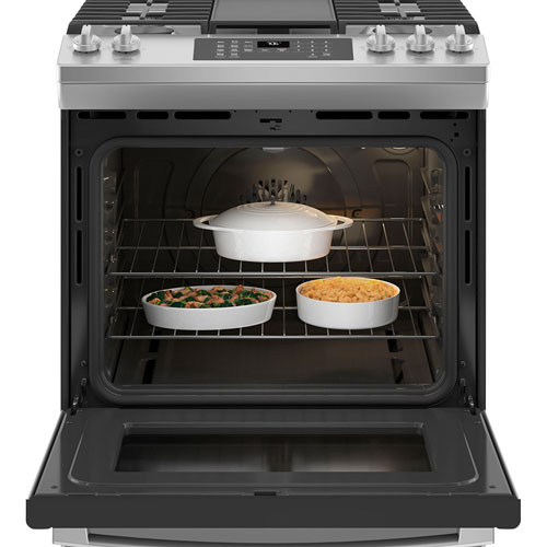 GE 30" 5.6 Cu. Ft. Fan Convection 5-Burner Slide-In Gas Range - Stainless Steel