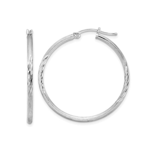 Medium Satin and Diamond Cut Hoop Earrings in Sterling Silver 1 1/2 Inch