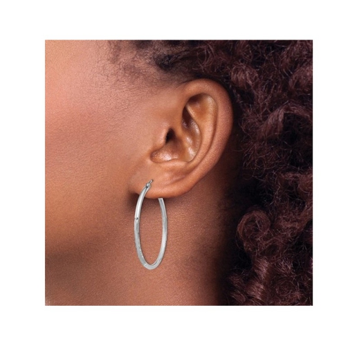 Medium Satin and Diamond Cut Hoop Earrings in Sterling Silver 1 1/2 Inch