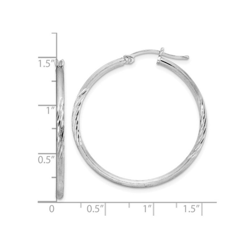 Medium Satin and Diamond Cut Hoop Earrings in Sterling Silver 1 1/2 Inch