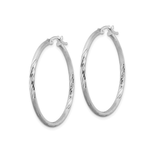Medium Satin and Diamond Cut Hoop Earrings in Sterling Silver 1 1/2 Inch