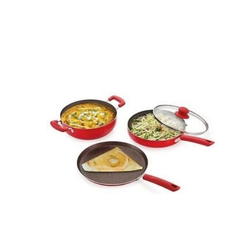 Batterie de cuisine en aluminium à induction antiadhésive lavable au lave-vaisselle – 4 pièces – ROUGE