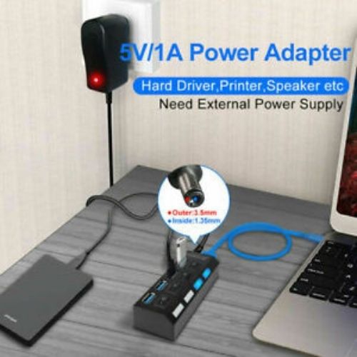 USB 3.0 HUB Powered 7 Port Splitter High Speed Extender With LED power indicator