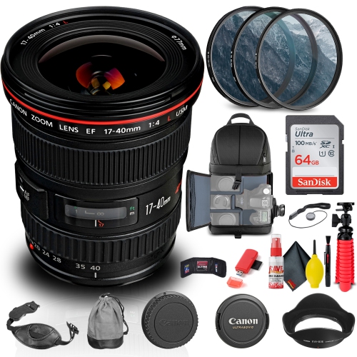 CANON  Ef 17-40MM F/4L Usm Lens (8806A002) + Filter + Backpack + 64GB Card + More