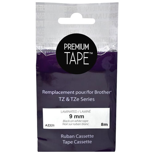 Cassette de ruban laminé noir sur blanc de 9 mm Premium Tape pour TZ/TZe de Brother