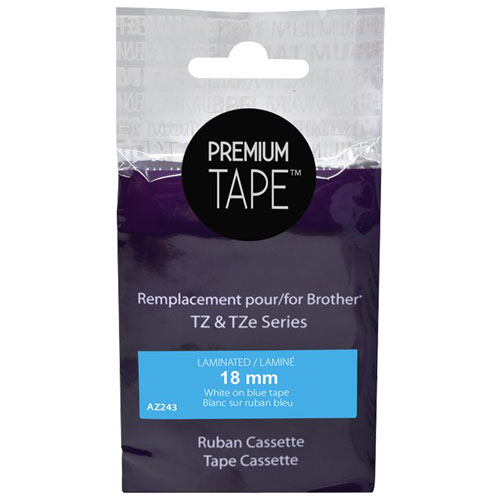 Premium Tape Laminated 18mm White-on-Blue Tape Cassette for Brother TZ/TZe Series