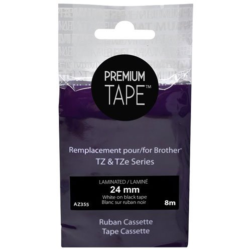 Premium Tape Laminated 24mm White-on-Black Tape Cassette for Brother TZ/TZe Series