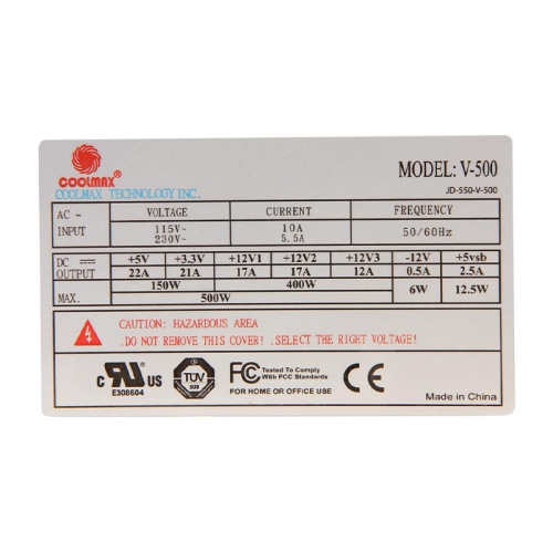 COOLMAX V-500 500W ATX12V Power Supply