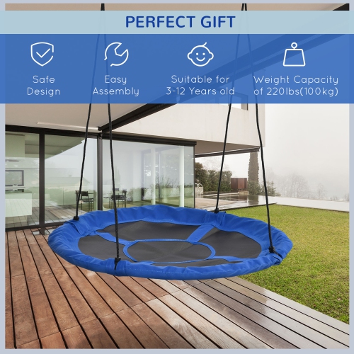 Outsunny 43.25" Saucer Swing Giant Hanging Tree Swing, Nest Web Rope Seat, Adjustable Hanging Ropes for Indoor Outdoor Children 3-12 Years Old, Blue