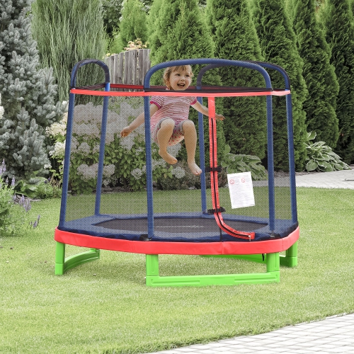 Outsunny 84.75" Kids Trampoline 7 FT Indoor Outdoor Trampolines with Safety Net Enclosure Built-in Zipper Padded Covering, for Boys and Girls, Red