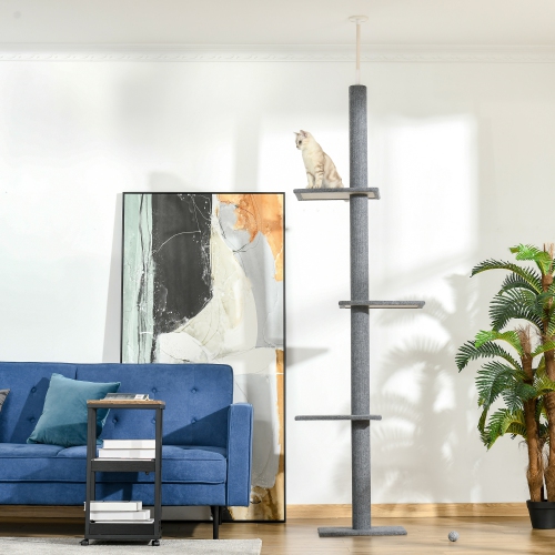 PawHut 90"- 102" Floor to Ceiling Cat Tree, 3 Tier Cat Tower Tall Cat Tree Pet Activity Center for Indoor Use, Grey