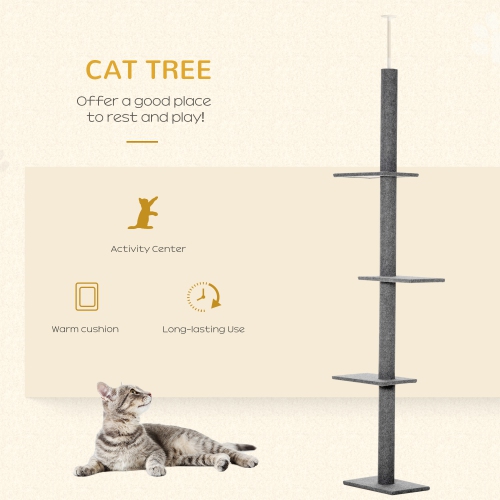 PawHut 90"- 102" Floor to Ceiling Cat Tree, 3 Tier Cat Tower Tall Cat Tree Pet Activity Center for Indoor Use, Grey