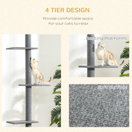 PawHut 90"- 102" Floor to Ceiling Cat Tree, 3 Tier Cat Tower Tall Cat Tree Pet Activity Center for Indoor Use, Grey