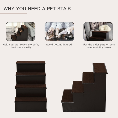 PawHut Pet Stairs Dog Steps for High Bed, 4 Levels Dog Stairs for Car, Wooden Cat Ladder with Non-Slip Carpet, 15.7" L x 23.2" W x 21.3" H, Dark