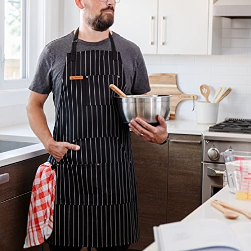 Chef Pomodoro Kitchen Apron, Classic Striped, Unisex Chef Apron, Adjustable Neck and Back Straps, 5+ Pockets, Towel Loops