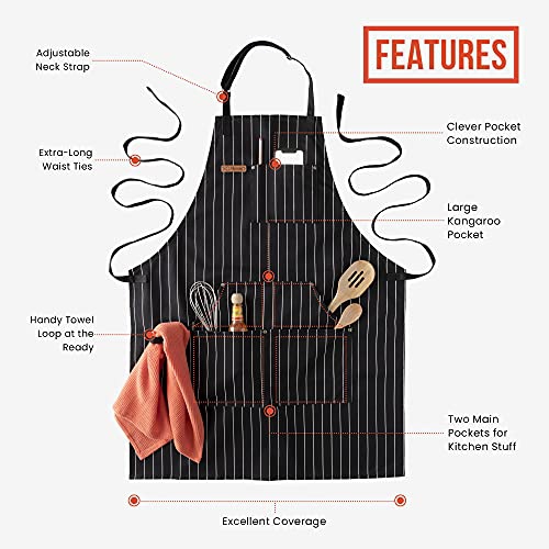 Chef Pomodoro Kitchen Apron, Classic Striped, Unisex Chef Apron, Adjustable Neck and Back Straps, 5+ Pockets, Towel Loops