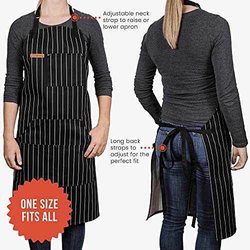 Chef Pomodoro Kitchen Apron, Classic Striped, Unisex Chef Apron, Adjustable Neck and Back Straps, 5+ Pockets, Towel Loops