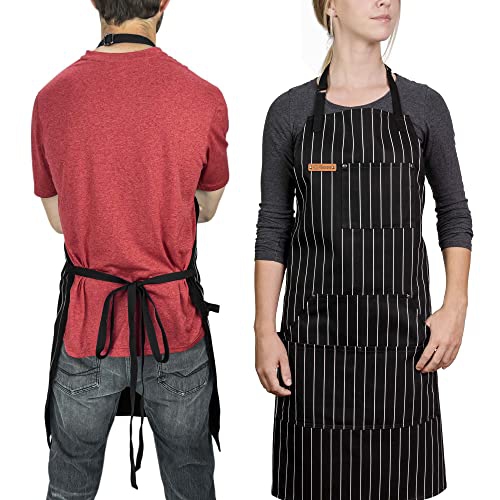 Chef Pomodoro Kitchen Apron, Classic Striped, Unisex Chef Apron, Adjustable Neck and Back Straps, 5+ Pockets, Towel Loops