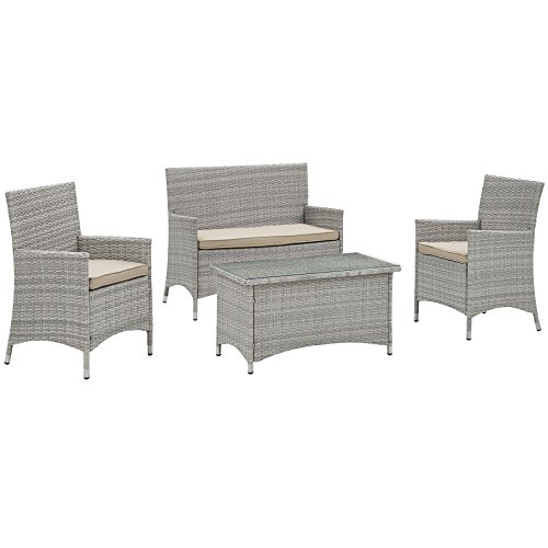 MODWAY  Bridge Wicker Rattan 4-Piece Outdoor Patio Furniture Set In Light Gray Beige