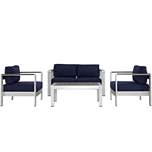 MODWAY  Shore 4-Piece Aluminum Outdoor Patio Furniture Set In Navy In Silver