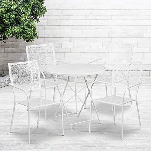 FLASH FURNITURE  Commercial Grade 30" Round White Indoor-Outdoor Steel Folding Patio Table Set With 4 Square Back Chairs