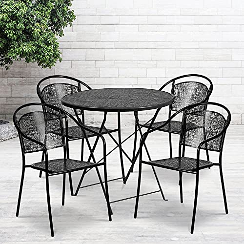 FLASH FURNITURE  Commercial Grade 30" Round Black Indoor-Outdoor Steel Folding Patio Table Set With 4 Round Back Chairs