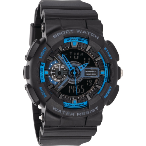 Adult's Ana-Digital Black & Blue Watch Quality Material Masculine Men Boys All Ages Daily Activities Outdoor Hobbies Multi-Function Water-Resistant Night Light Chronograph Big Case| SPORTECH SP14501