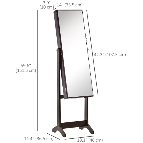 HOMCOM – Armoire à bijoux avec miroir, range-bijoux verrouillable avec miroir pleine longueur, 3 angles réglables, brun