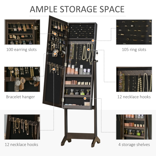 HOMCOM – Armoire à bijoux avec miroir, range-bijoux verrouillable avec miroir pleine longueur, 3 angles réglables, brun