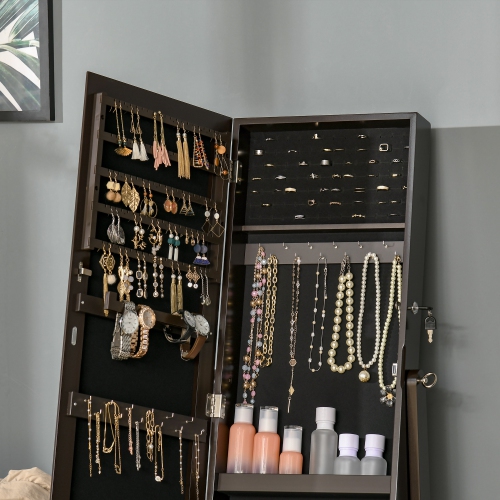 HOMCOM – Armoire à bijoux avec miroir, range-bijoux verrouillable avec miroir pleine longueur, 3 angles réglables, brun