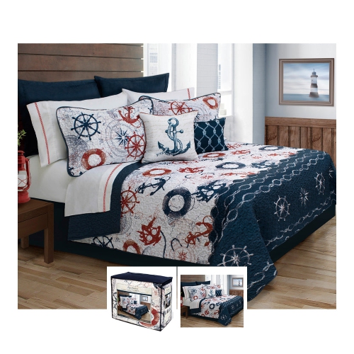 Bebelelo Navy Bay Harbour 5PC Queen Quilt Set with Pillow Sham and Cushions