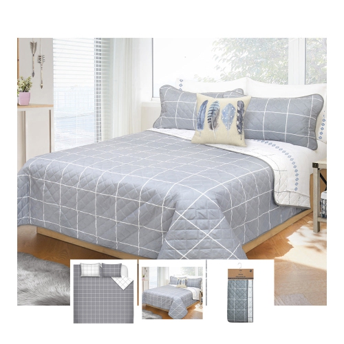 Bebelelo Microfiber Large Grey Check 3PC Queen Quilt Set with Pillow Sham