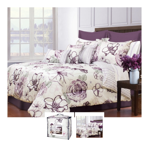 Bebelelo Angelica Purple 7PC King Comforter Set with Pillow Sham, Cushions & Bedskirt