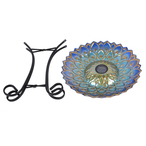 Hi-Line Gift Ltd Solar Peacock Blue Geometric Glass Bird Bath with Stand