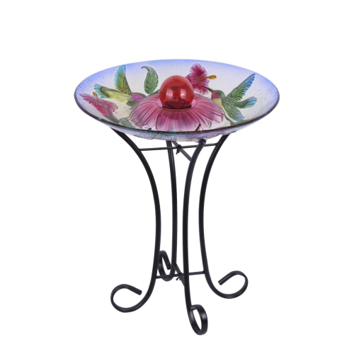 HI-LINE GIFT LTD  Solar Orb Floral Glass Hummingbird Bird Bath With Stand
