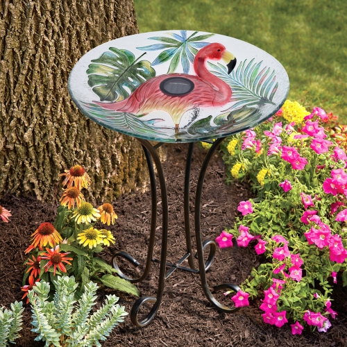 Hi-Line Gift Ltd Solar LED Verdant Glass Bird Bath with Stand - Flamingo