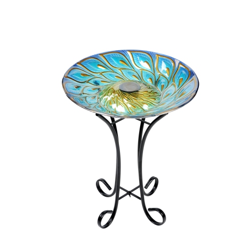 Hi-Line Gift Ltd Solar Glass Peacock Feathers Bird Bath with Stand