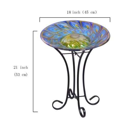 Hi-Line Gift Ltd Solar Glass Peacock Feathers Bird Bath with Stand