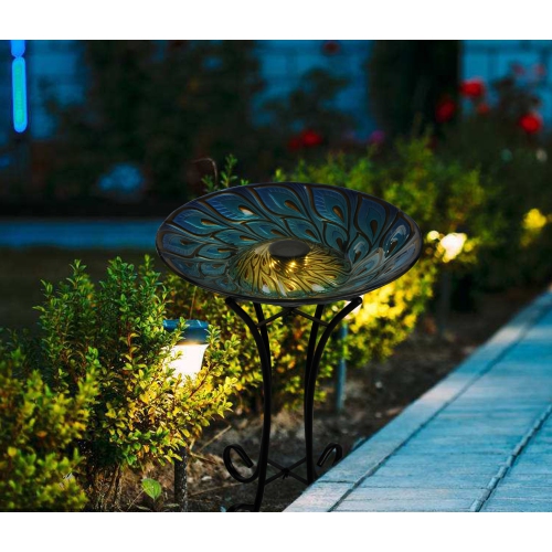 Hi-Line Gift Ltd Solar Glass Peacock Feathers Bird Bath with Stand