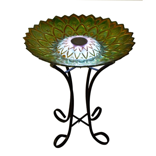 Hi-Line Gift Ltd Solar Peacock Green Geometric Glass Bird Bath with Stand