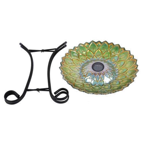 Hi-Line Gift Ltd Solar Peacock Green Geometric Glass Bird Bath with Stand