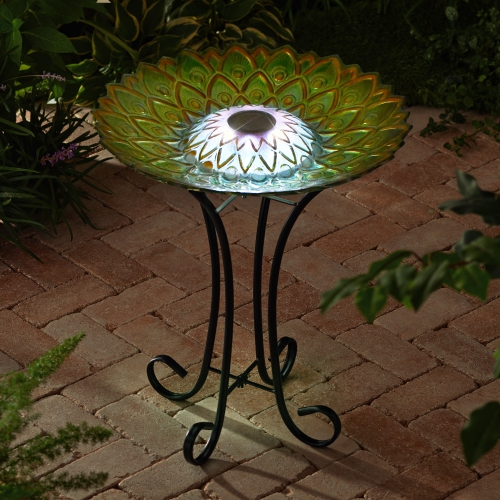 Hi-Line Gift Ltd Solar Peacock Green Geometric Glass Bird Bath with Stand