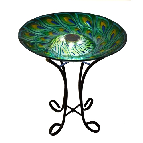 HI-LINE GIFT LTD  Solar Glass Peacock Feathers Bird Bath With Stand In Turquoise