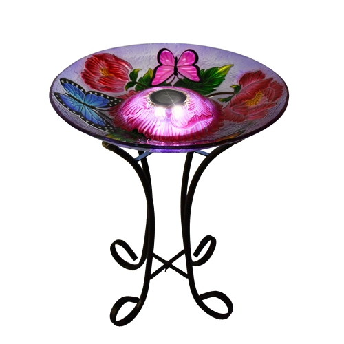 Hi-Line Gift Ltd Solar LED Floral Glass Bird Bath with Stand - Butterflies & Peonies